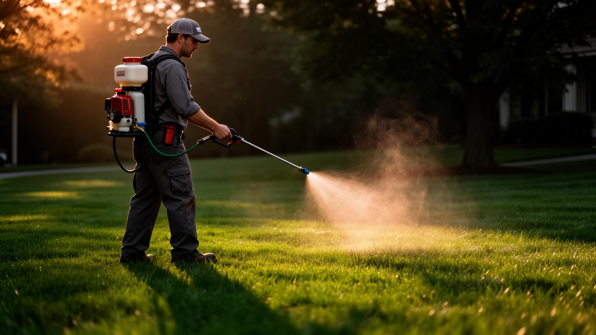 RG Weed & Feed technician spraying a Missouri lawn at golden hour